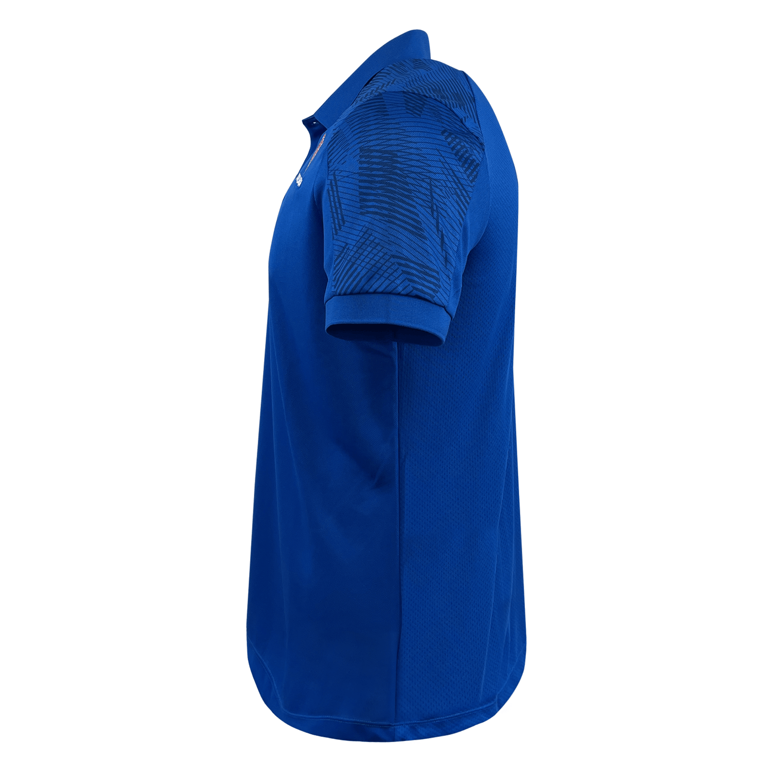 Side view of a blue short-sleeve Samoa Travel Poly Polo by Macron, showcasing a patterned sleeve detail and crafted from quick-drying fabric for maximum comfort.