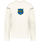 The Argentina Heritage Prep Vintage Shield Hoodie by WRS Augusta features a blue and yellow emblem with a cheetah and 1910, celebrating Argentina heritage.