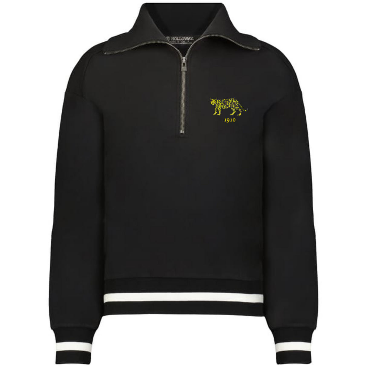 The EMB Augusta Women's Vintage Argentina Heritage Prep Pullover in black features white stripes on the cuffs and hem, plus a small yellow leopard with "1910" on the left chest for a classic, vintage look.