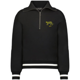 The EMB Augusta Women's Vintage Argentina Heritage Prep Pullover in black features white stripes on the cuffs and hem, plus a small yellow leopard with "1910" on the left chest for a classic, vintage look.