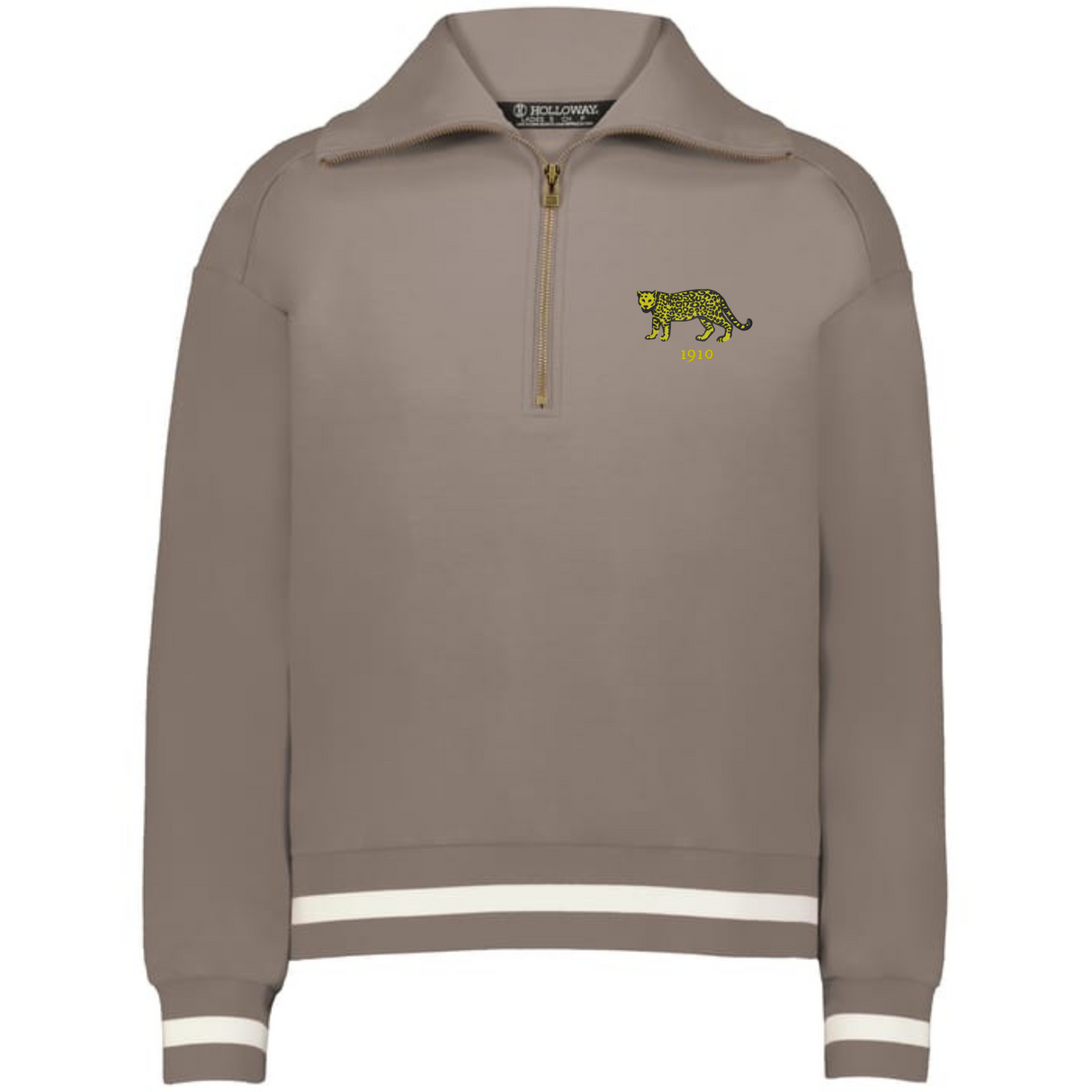The EMB Augusta Women's Vintage Argentina Heritage Prep Pullover is a taupe quarter zip sweatshirt with white striped cuffs and hem, featuring an embroidered yellow and black leopard on the left chest.