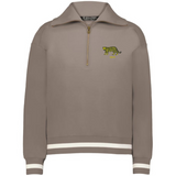 The EMB Augusta Women's Vintage Argentina Heritage Prep Pullover is a taupe quarter zip sweatshirt with white striped cuffs and hem, featuring an embroidered yellow and black leopard on the left chest.