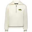 The EMB Augusta Women's Vintage Argentina Heritage Prep Pullover is a cream quarter zip sweater with grey-striped cuffs and hem, plus an embroidered leopard and "1910" on the left chest.