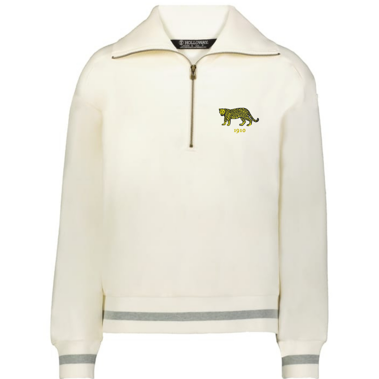 The EMB Augusta Women's Vintage Argentina Heritage Prep Pullover is a cream quarter zip sweater with grey-striped cuffs and hem, plus an embroidered leopard and "1910" on the left chest.