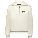 The EMB Augusta Women's Vintage Argentina Heritage Prep Pullover is a cream quarter zip sweater with grey-striped cuffs and hem, plus an embroidered leopard and "1910" on the left chest.