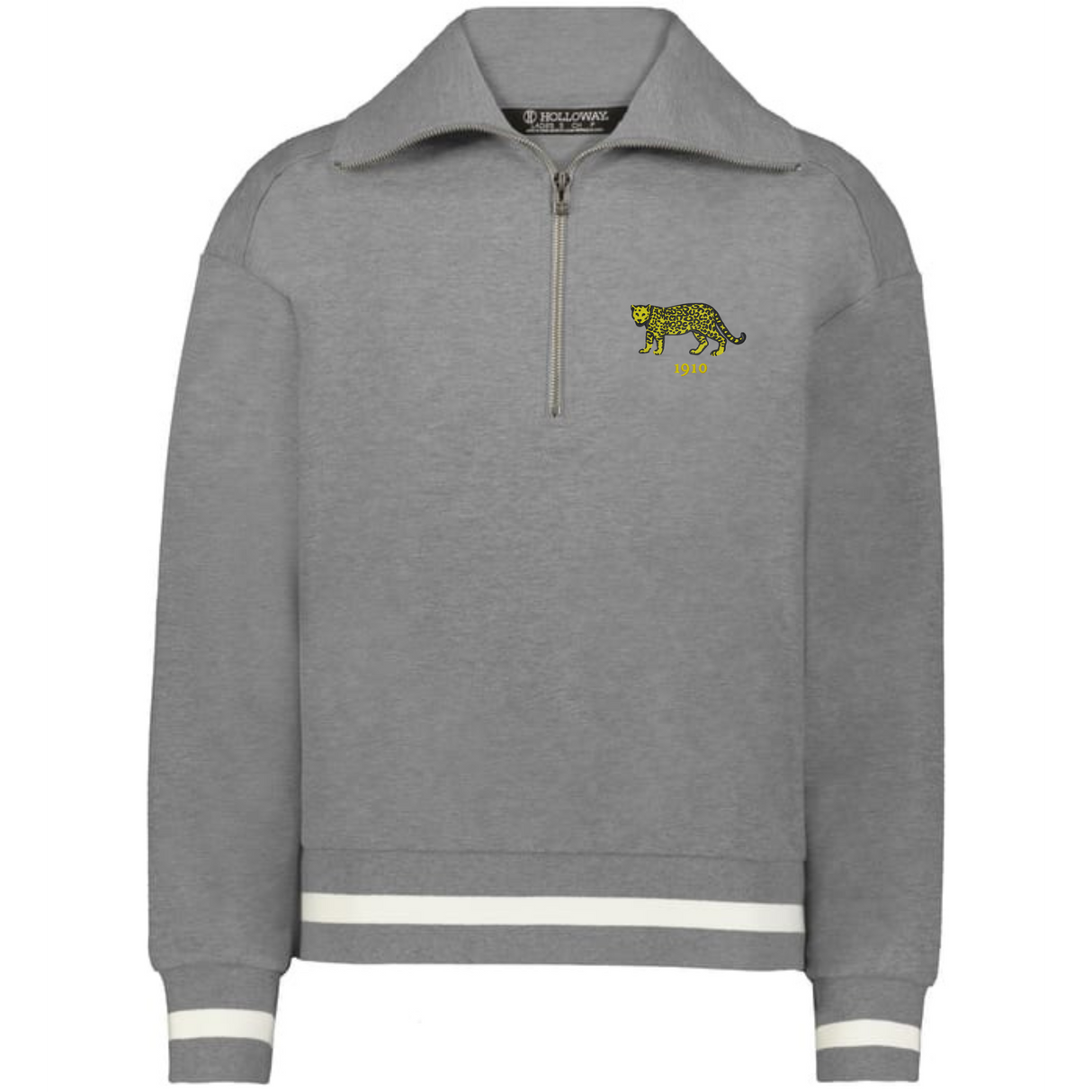 The EMB Augusta Women's Vintage Argentina Heritage Prep Pullover is a gray quarter zip with white stripes on the cuffs and hem, featuring a small yellow and black cheetah graphic on the left chest.