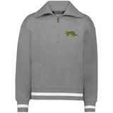 The EMB Augusta Women's Vintage Argentina Heritage Prep Pullover is a gray quarter zip with white stripes on the cuffs and hem, featuring a small yellow and black cheetah graphic on the left chest.