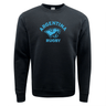 The Nations of Rugby Sky Argentina Rugby Fleece Crewneck Sweatshirt by WRS Augusta is a black fleece crewneck featuring a blue logo with a jaguar's head and the words "ARGENTINA RUGBY." Ideal for fans of the Nations of Rugby.