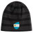 The EMB Canterbury Argentina Shield Beanie features a bold black and grey striped design with an emblem of the Argentine flag.