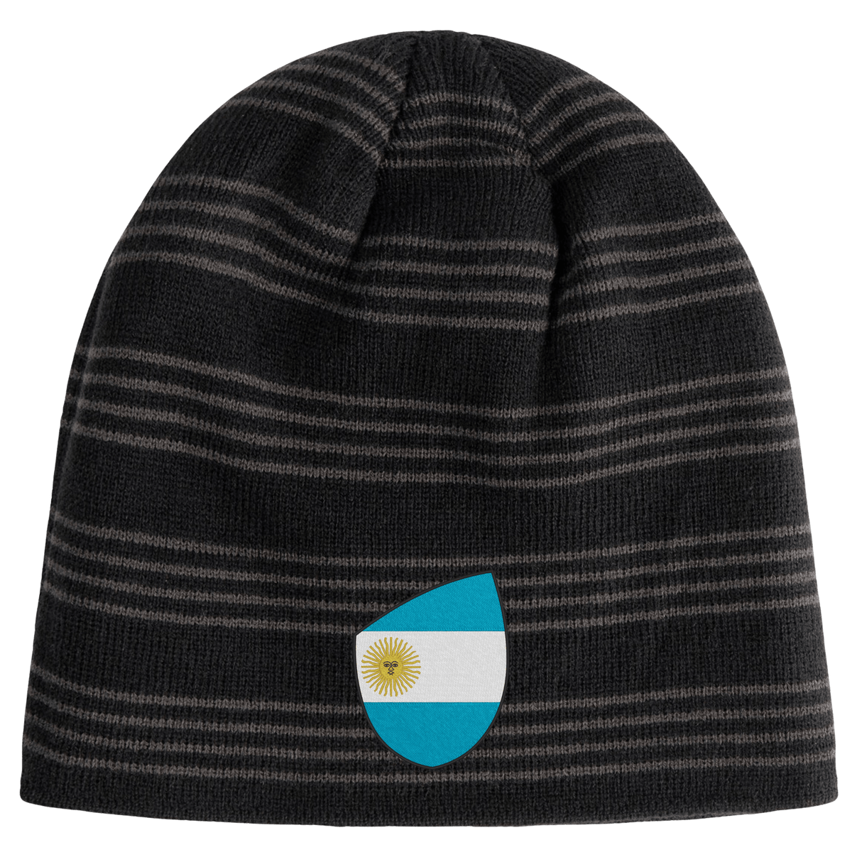 The EMB Canterbury Argentina Shield Beanie features a bold black and grey striped design with an emblem of the Argentine flag.