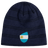 The EMB Canterbury Argentina Shield Beanie is a dark blue striped beanie with an Argentina flag patch featuring a sun emblem, offering warmth and national pride.