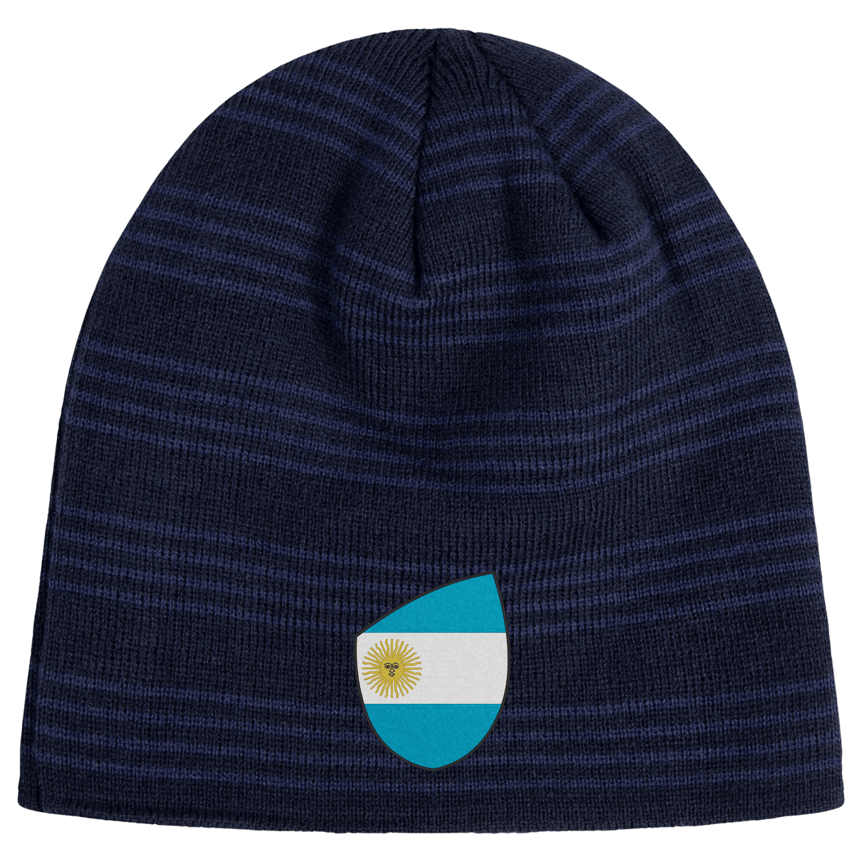 The EMB Canterbury Argentina Shield Beanie is a dark blue striped beanie with an Argentina flag patch featuring a sun emblem, offering warmth and national pride.