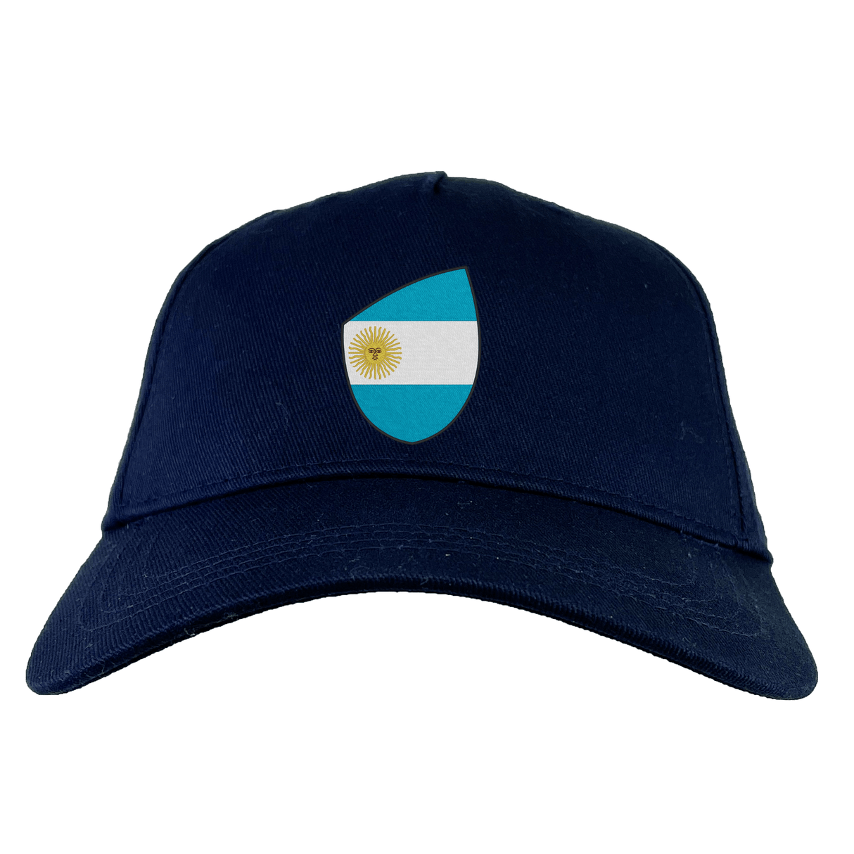 The Argentina Shield Flex Drill Cap by EMB Canterbury is a dark blue cap featuring a shield with the Argentine flag on the front, perfect for rugby supporters.