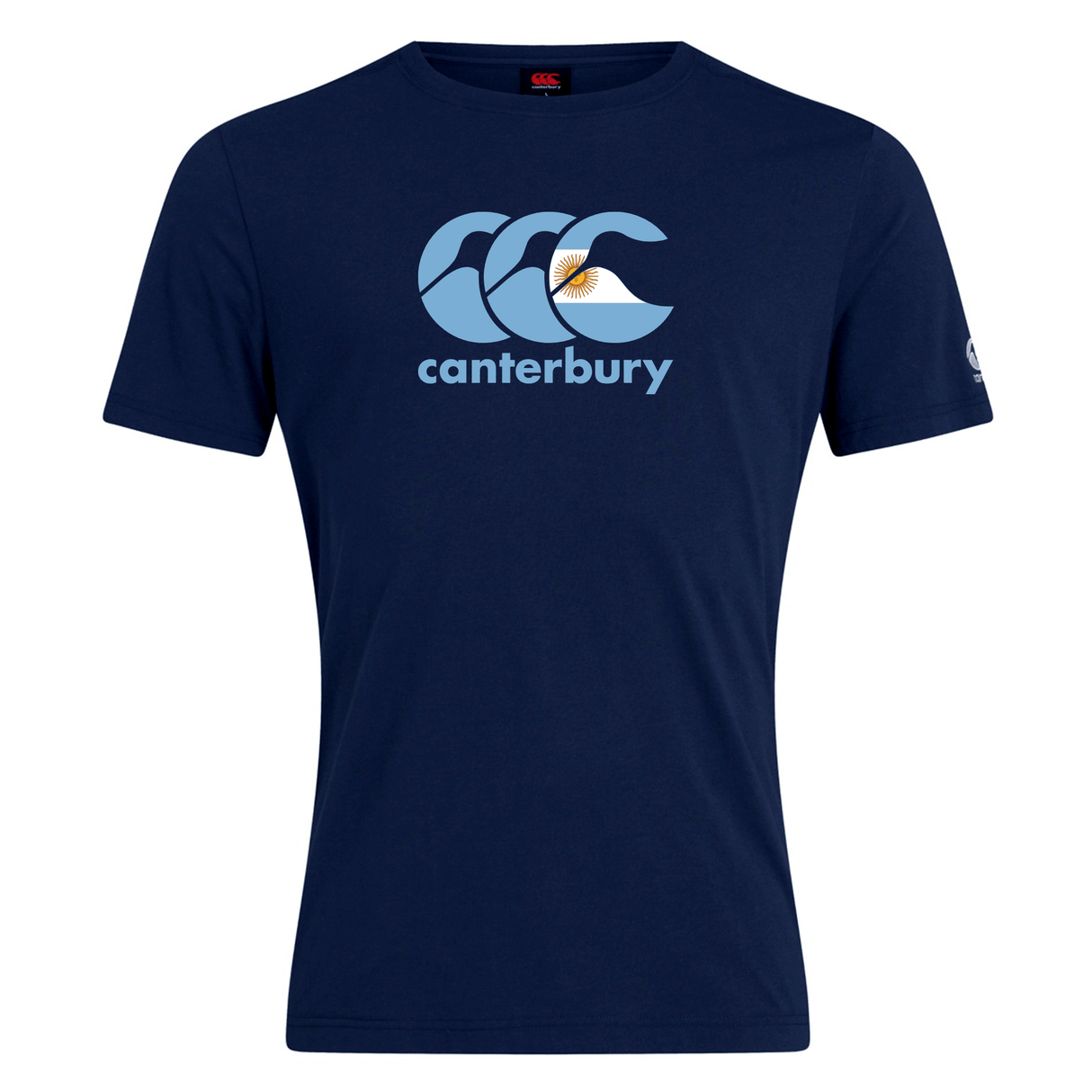 The Canterbury Argentina CCC Flag Club T-Shirt by WRS Canterbury is navy blue, made from a soft cotton blend, and features the iconic triple C's logo with a fern plus the brand name in light blue.