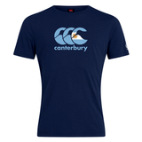 The Canterbury Argentina CCC Flag Club T-Shirt by WRS Canterbury is navy blue, made from a soft cotton blend, and features the iconic triple C's logo with a fern plus the brand name in light blue.