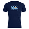The Canterbury Argentina CCC Flag Club T-Shirt by WRS Canterbury is navy blue, made from a soft cotton blend, and features the iconic triple C's logo with a fern plus the brand name in light blue.