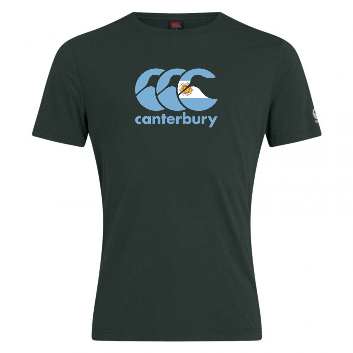 The Canterbury Argentina CCC Flag Club T-Shirt by WRS Canterbury, in dark green, features a stylized wave design and "canterbury" in lowercase on the front, crafted from a soft cotton blend.