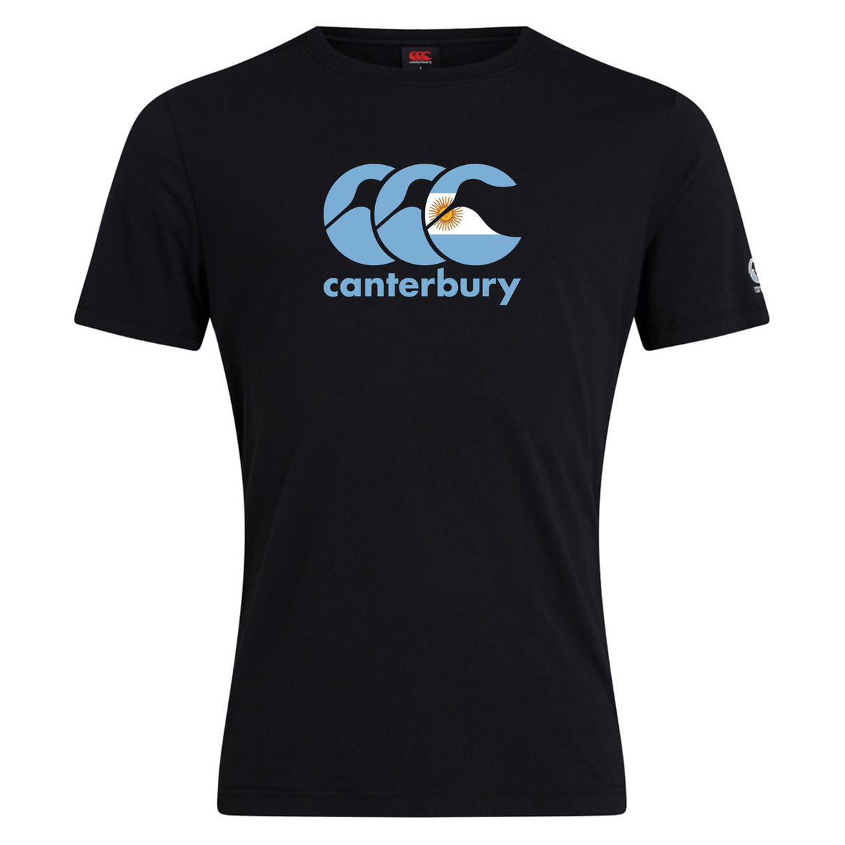 The Canterbury Argentina CCC Flag Club T-Shirt by WRS Canterbury is crafted from a cozy cotton blend with the Canterbury logo in bold blue and gray on the front.