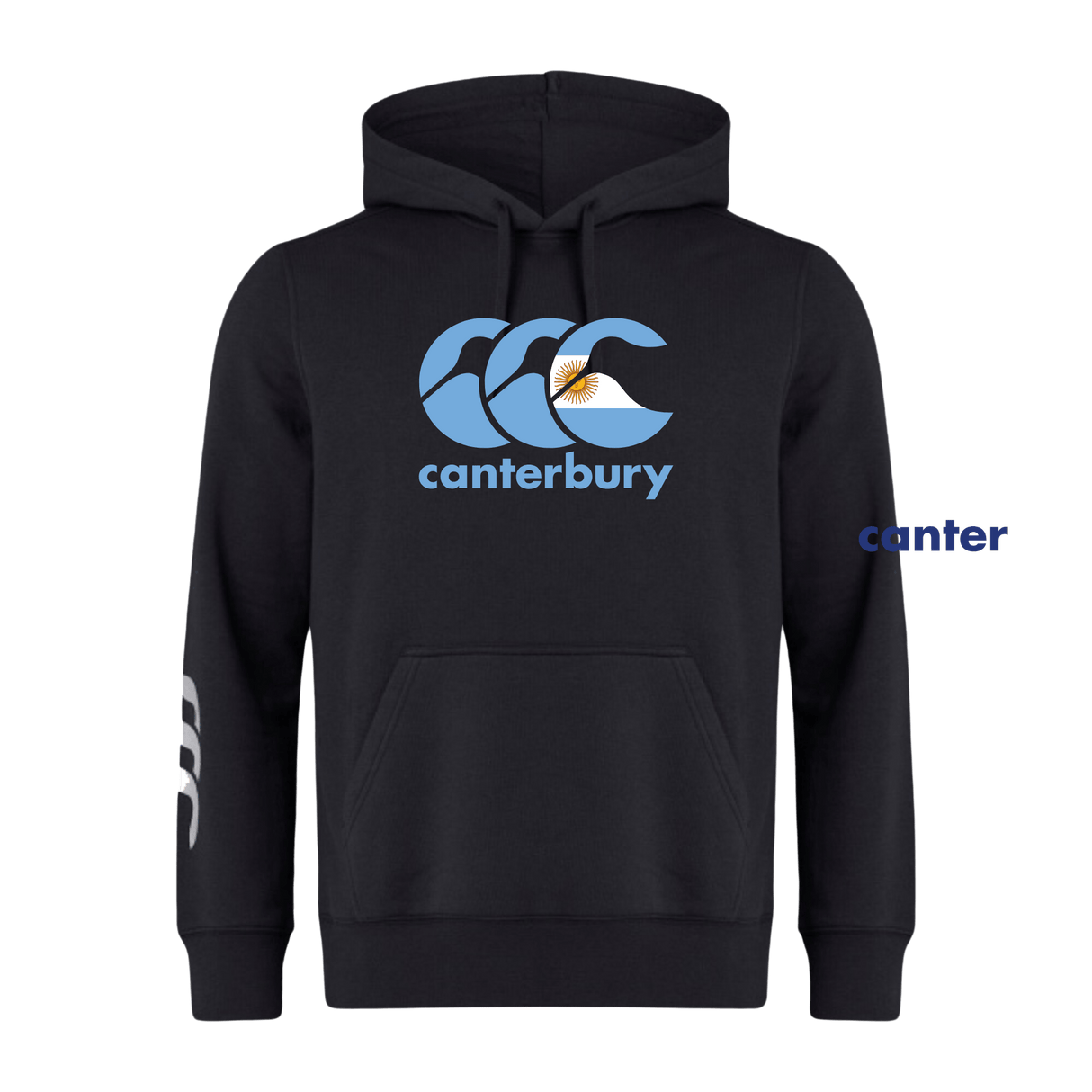 The Canterbury Argentina CCC Flag Club Hoodie from WRS Canterbury is a black sweatshirt fleece with a bold blue "Canterbury" logo on the chest and signature white logo detail branding on the left sleeve.