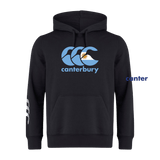 The Canterbury Argentina CCC Flag Club Hoodie from WRS Canterbury is a black sweatshirt fleece with a bold blue "Canterbury" logo on the chest and signature white logo detail branding on the left sleeve.