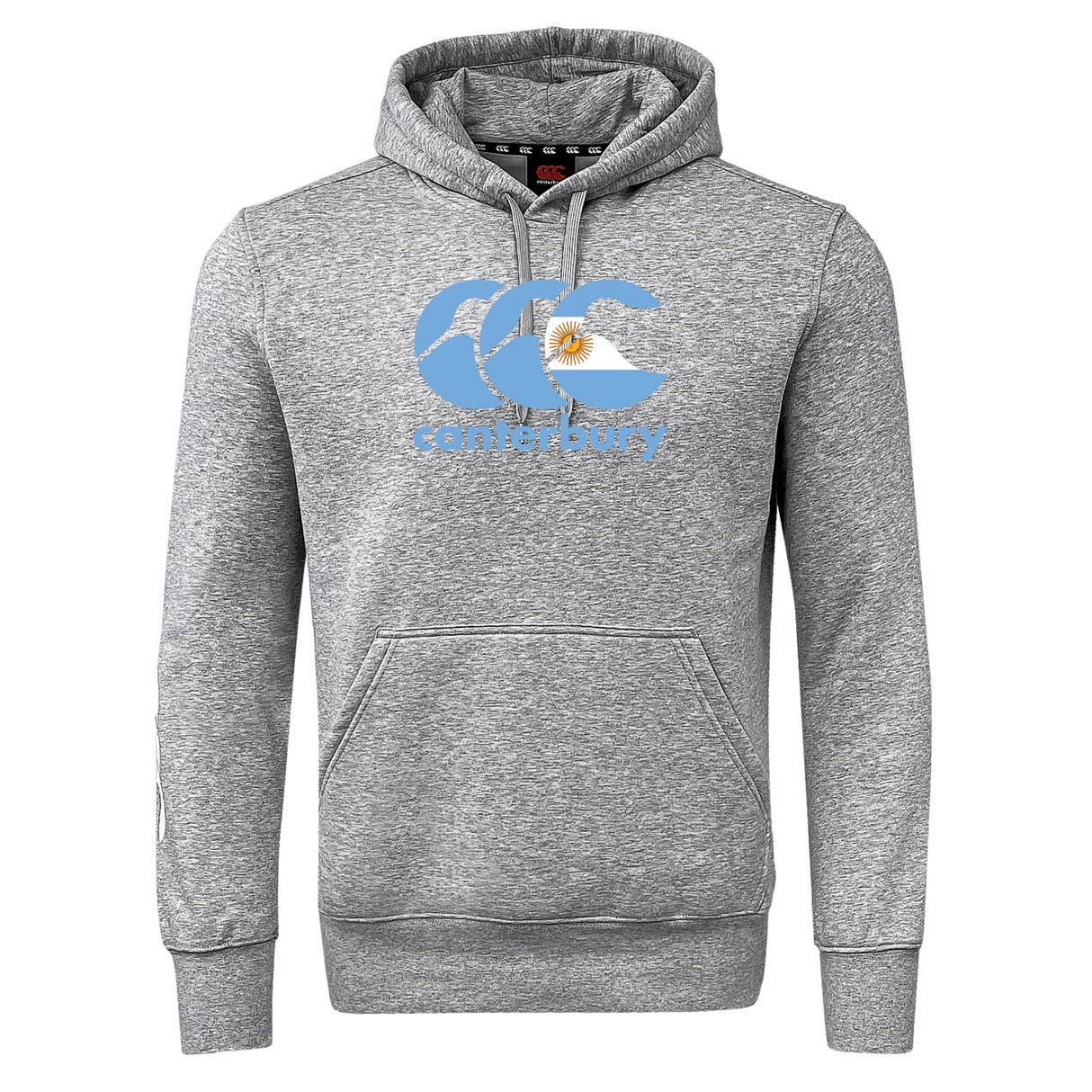The WRS Canterbury Argentina CCC Flag Club Hoodie is a gray sweatshirt fleece with a "Canterbury" logo, a blue-and-gold chest design, and signature sleeve branding.