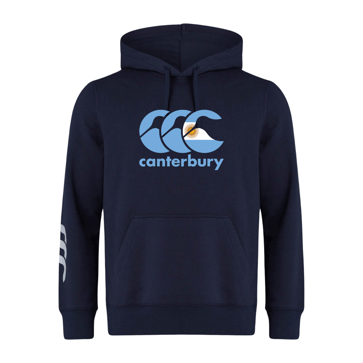 The Canterbury Argentina CCC Flag Club Hoodie by WRS Canterbury features a blue and white logo on the chest, sleeve branding, and a small design, all in navy blue. Made from soft sweatshirt fleece for ultimate comfort.