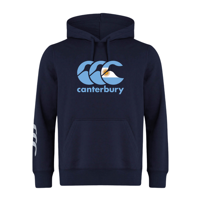 The Canterbury Argentina CCC Flag Club Hoodie by WRS Canterbury features a blue and white logo on the chest, sleeve branding, and a small design, all in navy blue. Made from soft sweatshirt fleece for ultimate comfort.