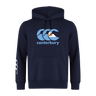 The Canterbury Argentina CCC Flag Club Hoodie by WRS Canterbury features a blue and white logo on the chest, sleeve branding, and a small design, all in navy blue. Made from soft sweatshirt fleece for ultimate comfort.