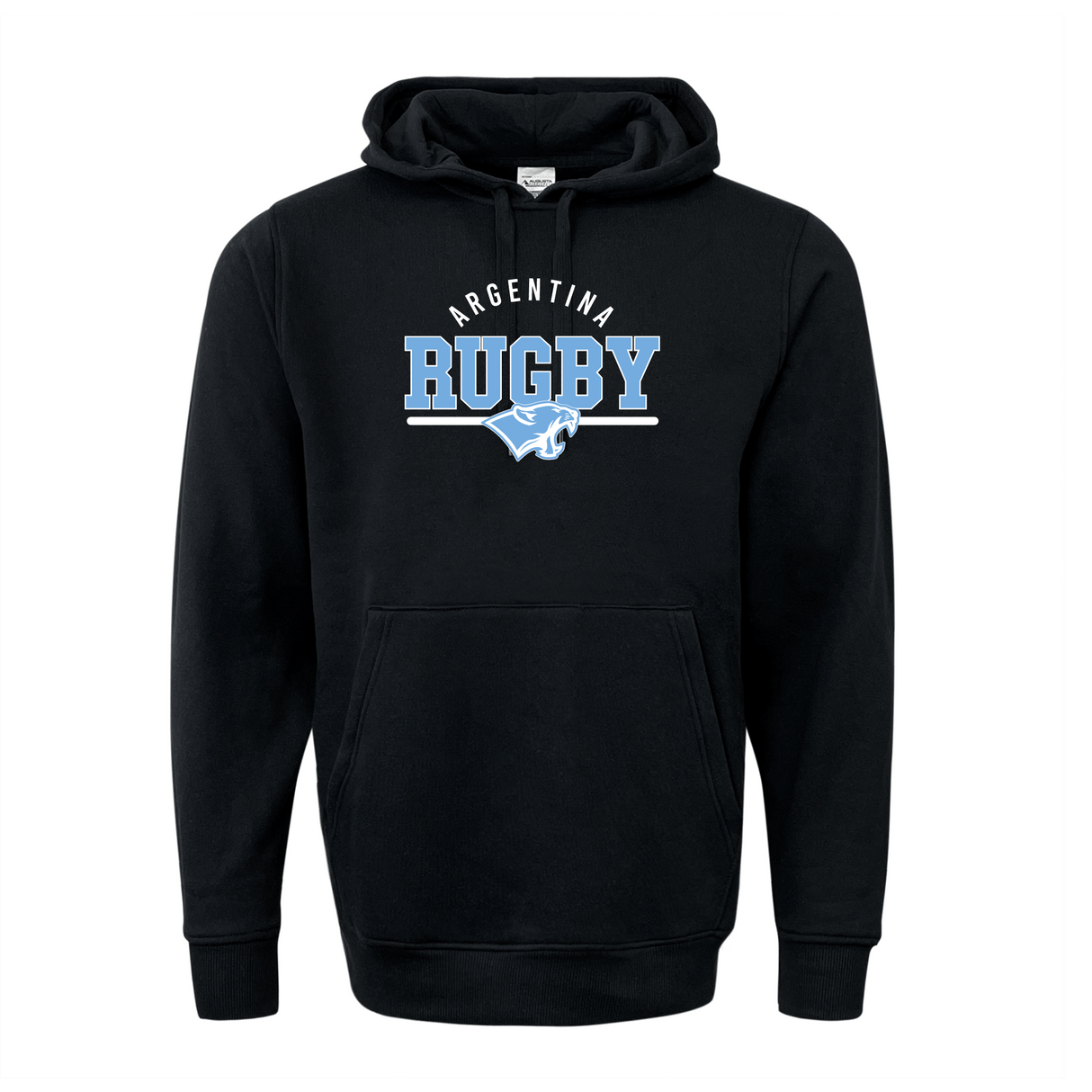 The WRS Augusta Nations of Rugby Argentina Wordmark 60/40 Pullover Hoodie is a black rugby hoodie showcasing an Argentina wordmark in white, "RUGBY" in light blue, and a stylized puma logo in white and light blue on the front.