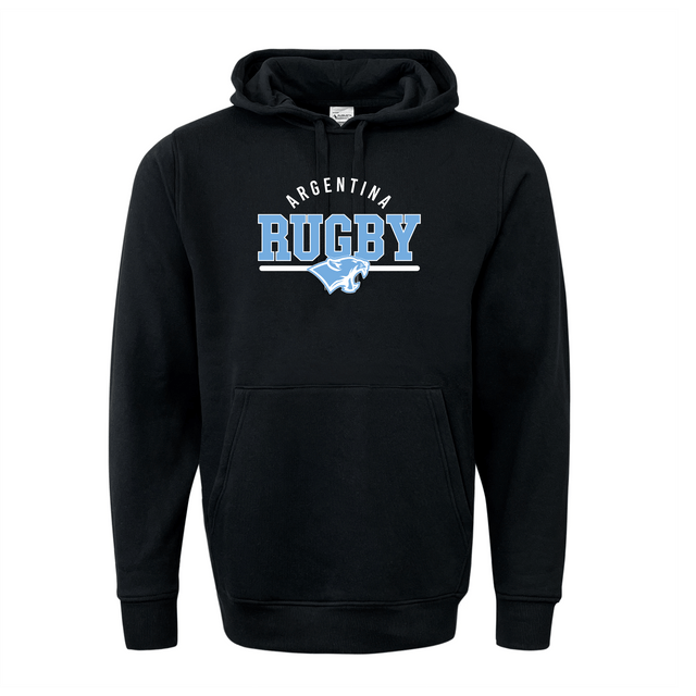 The WRS Augusta Nations of Rugby Argentina Wordmark 60/40 Pullover Hoodie is a black rugby hoodie showcasing an Argentina wordmark in white, "RUGBY" in light blue, and a stylized puma logo in white and light blue on the front.