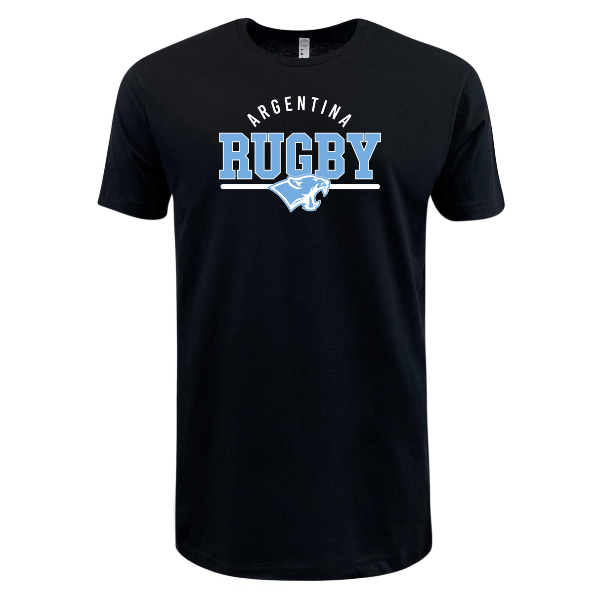The Nations of Rugby Argentina Wordmark Supersoft Tee by WRS LAT is a unisex black t-shirt featuring "Argentina Rugby" text in blue and white with a graphic of a rugby player's silhouette below. Crafted for ultimate comfort, it's perfect for any fan.