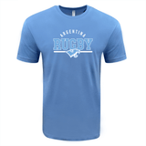 The Nations of Rugby Argentina Wordmark Supersoft Tee by WRS LAT is a unisex light-blue shirt that showcases the text "Argentina Rugby" along with a puma logo, offering exceptional comfort.