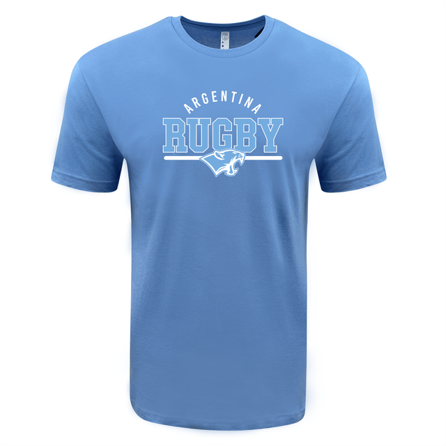 The Nations of Rugby Argentina Wordmark Supersoft Tee by WRS LAT is a unisex light-blue shirt that showcases the text "Argentina Rugby" along with a puma logo, offering exceptional comfort.