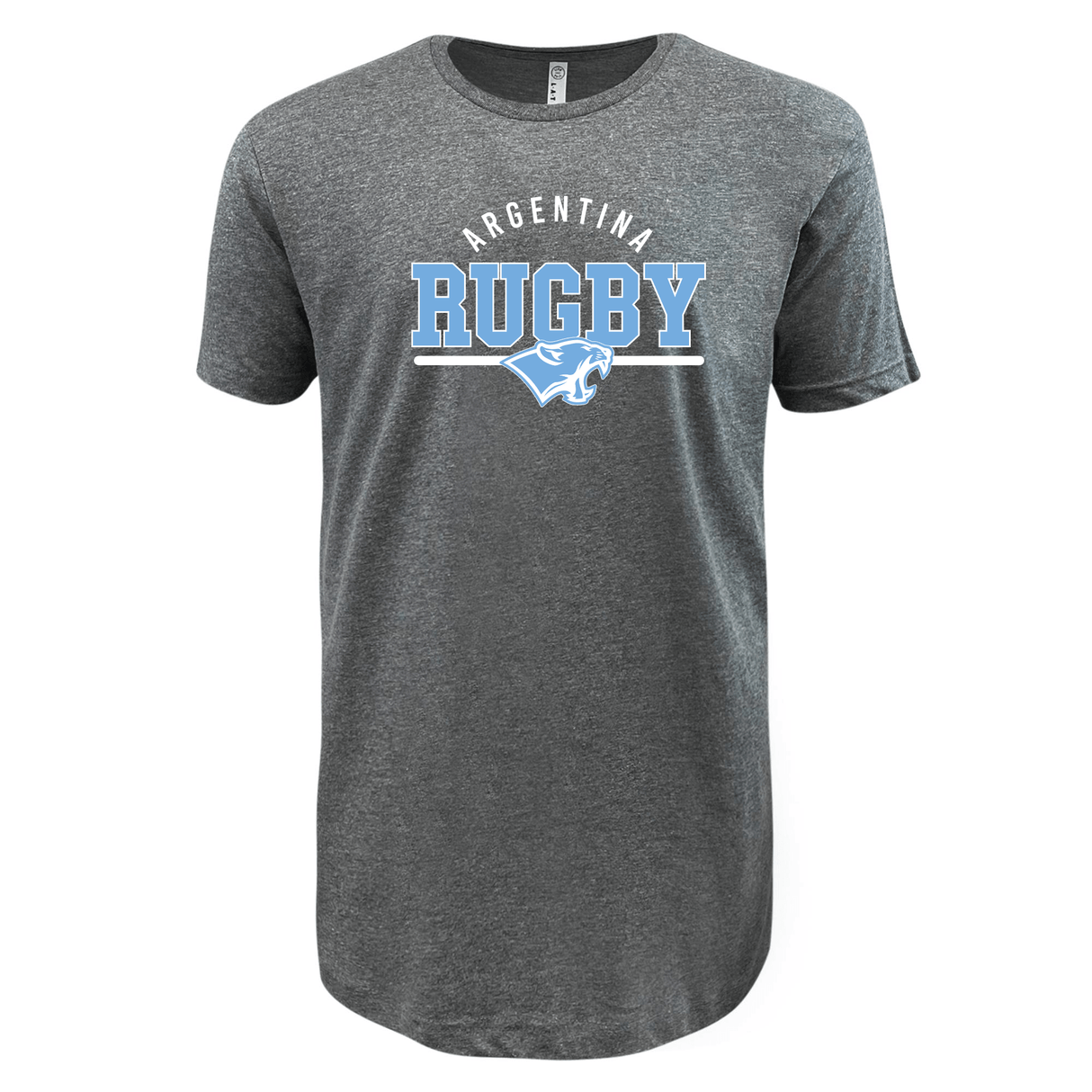 The Nations of Rugby Argentina Wordmark Supersoft Tee by WRS LAT is a heather gray rugby tee featuring "ARGENTINA RUGBY" and a light blue logo on the front. This exceptionally soft shirt provides unisex comfort for all fans.