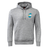 The EMB Canterbury Argentina Shield Club Hoodie in gray features a drawstring and kangaroo pocket, and displays the Argentine flag colors in a shield patch on the chest, ideal for rugby fans.