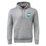 The EMB Canterbury Argentina Shield Club Hoodie in gray features a drawstring and kangaroo pocket, and displays the Argentine flag colors in a shield patch on the chest, ideal for rugby fans.