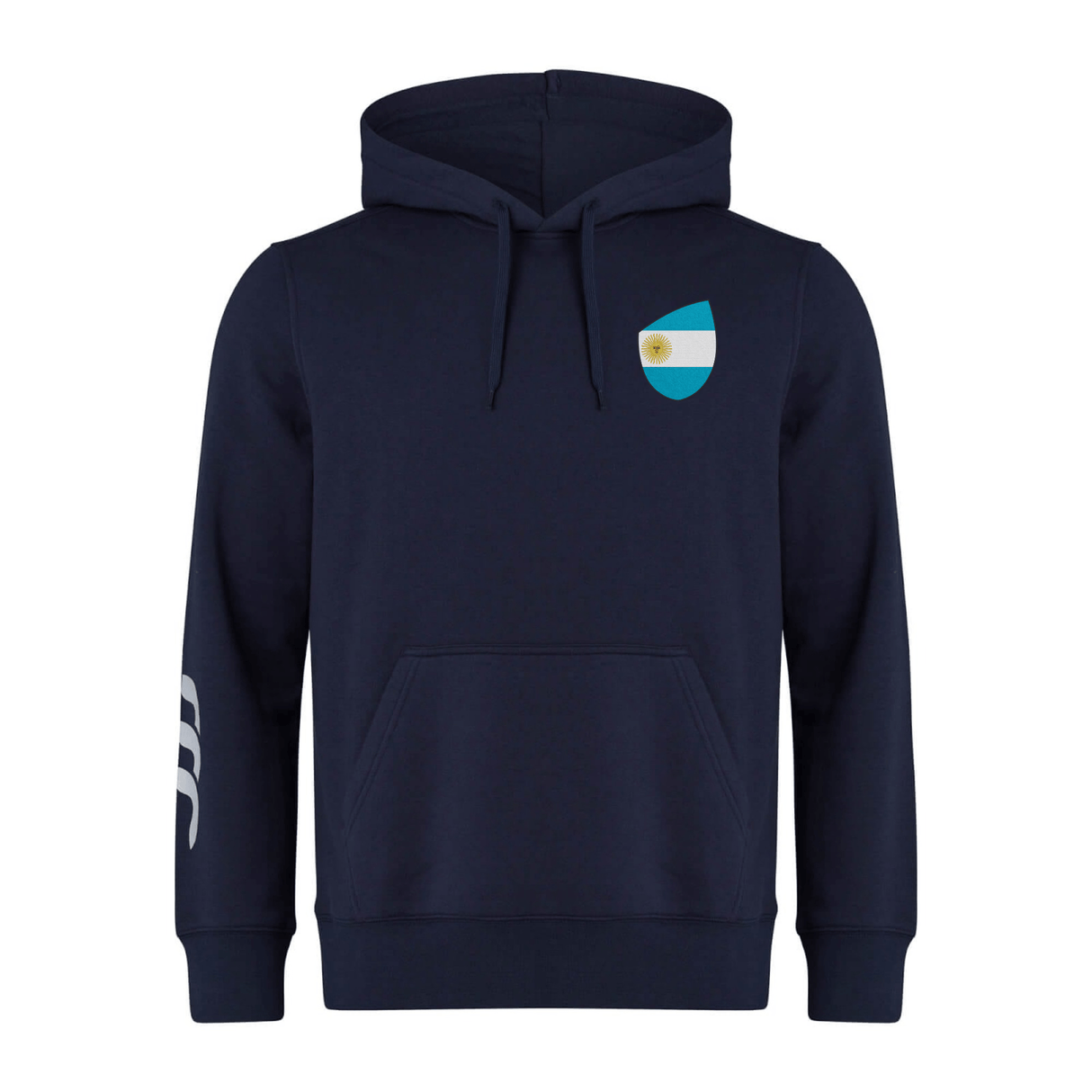The EMB Canterbury Argentina Shield Club Hoodie is dark blue, made of sweatshirt fleece, and has a light blue and white flag patch on the chest. Featuring white sleeve stripes, it's perfect for rugby supporters.
