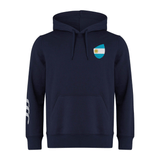The EMB Canterbury Argentina Shield Club Hoodie is dark blue, made of sweatshirt fleece, and has a light blue and white flag patch on the chest. Featuring white sleeve stripes, it's perfect for rugby supporters.