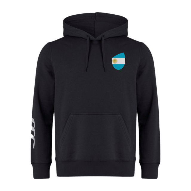 The EMB Canterbury Argentina Shield Club Hoodie features cozy sweatshirt fleece, a small Argentine flag on the left chest, and a white stripe on the right sleeve, making it ideal for Rugby fans to proudly display their style.