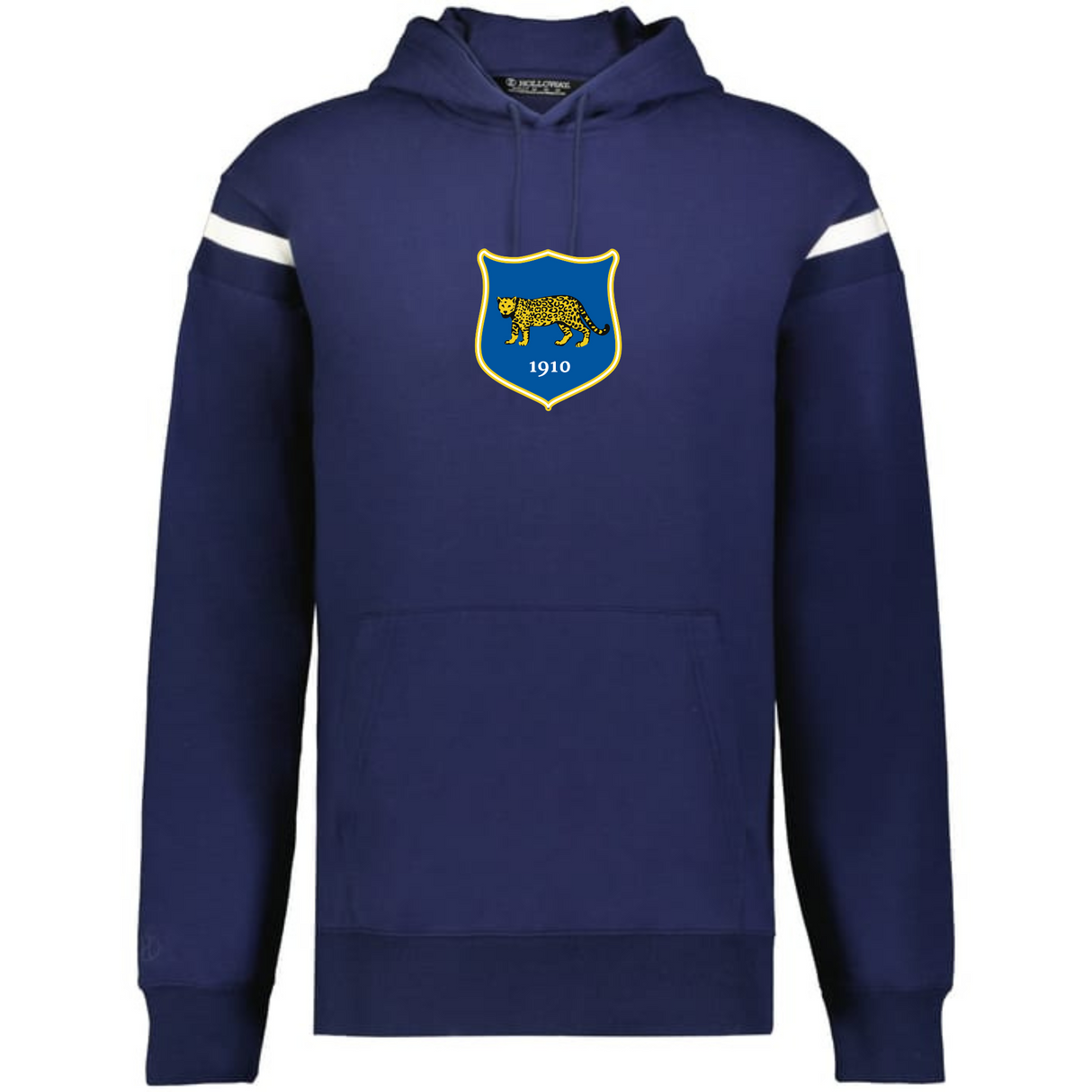 The WRS Augusta Argentina Heritage Prep Vintage Shield Hoodie features a navy blue design with white sleeve stripes and a vintage chest logo displaying a leopard and 1910, honoring Argentina’s heritage.