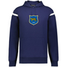 The WRS Augusta Argentina Heritage Prep Vintage Shield Hoodie features a navy blue design with white sleeve stripes and a vintage chest logo displaying a leopard and 1910, honoring Argentina’s heritage.