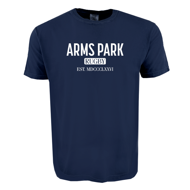 The WRS S&S Activewear Arms Park Stadium Tee features navy blue fabric and bold white "ARMS PARK RUGBY EST. MDCCCLXXVI" text—a must-have for Welsh rugby fans and Cardiff Arms Park supporters.