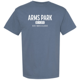 The WRS S&S Activewear Arms Park Stadium Tee showcases white "ARMS PARK RUGBY EST. MDCCCXLXXVI" text on the front, paying tribute to Cardiff Arms Park and Welsh rugby heritage.