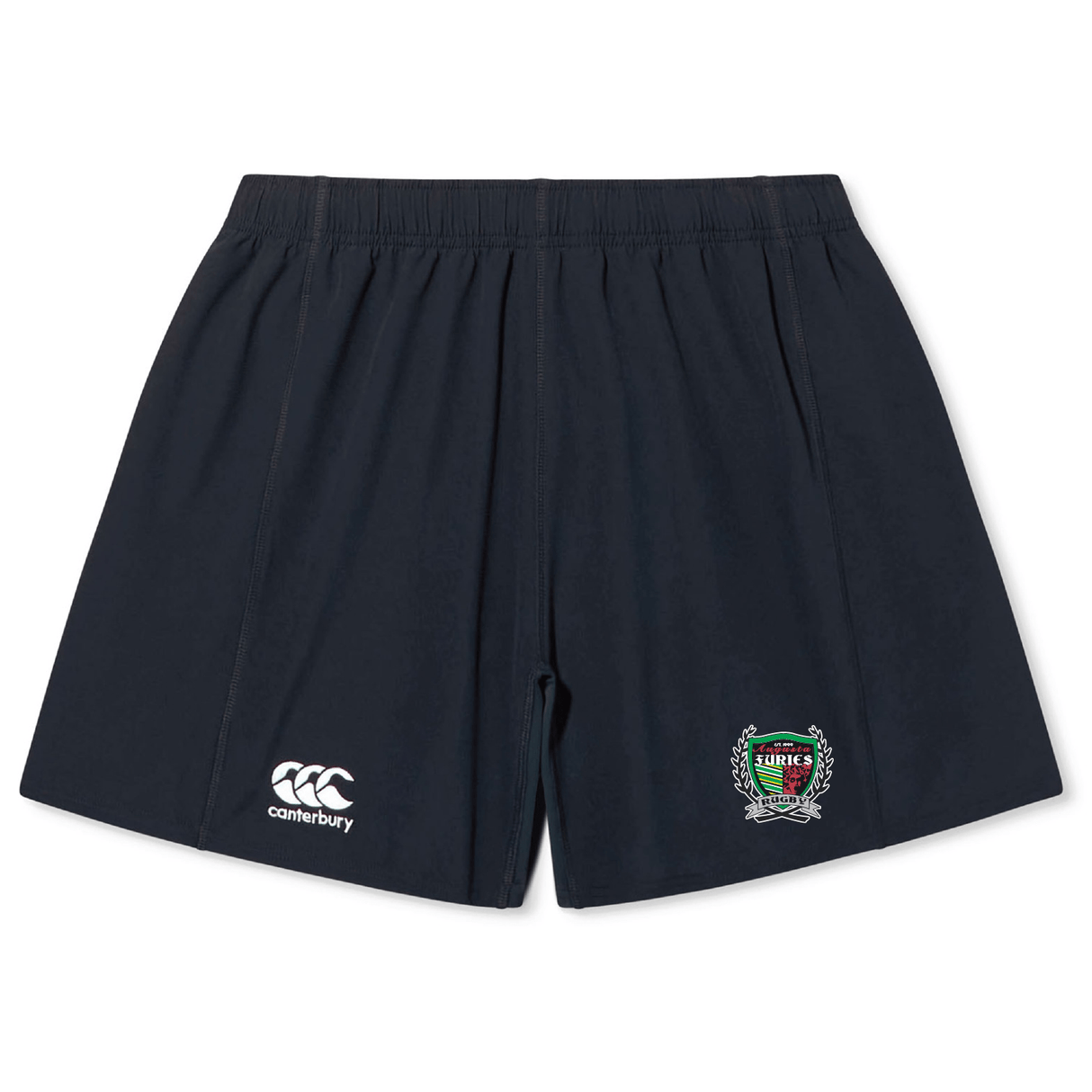 Navy blue Augusta Furies Yokohama shorts with a CCC logo on the left thigh and a team emblem on the right by EMB Canterbury.