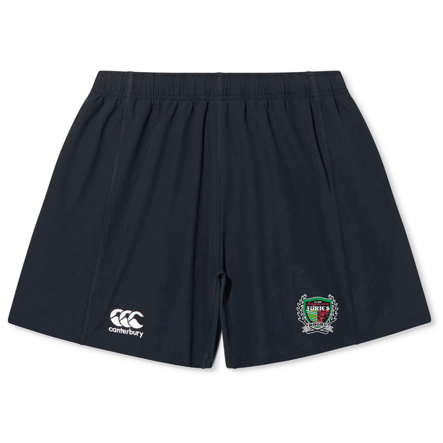 Navy blue Augusta Furies Yokohama shorts with a CCC logo on the left thigh and a team emblem on the right by EMB Canterbury.