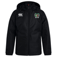 Black Augusta Furies Club Vaposhield Full Zip Rain Jacket by EMB Canterbury with water-resistant technology and a hood, featuring embroidered logos on the chest, displayed against a white background.
