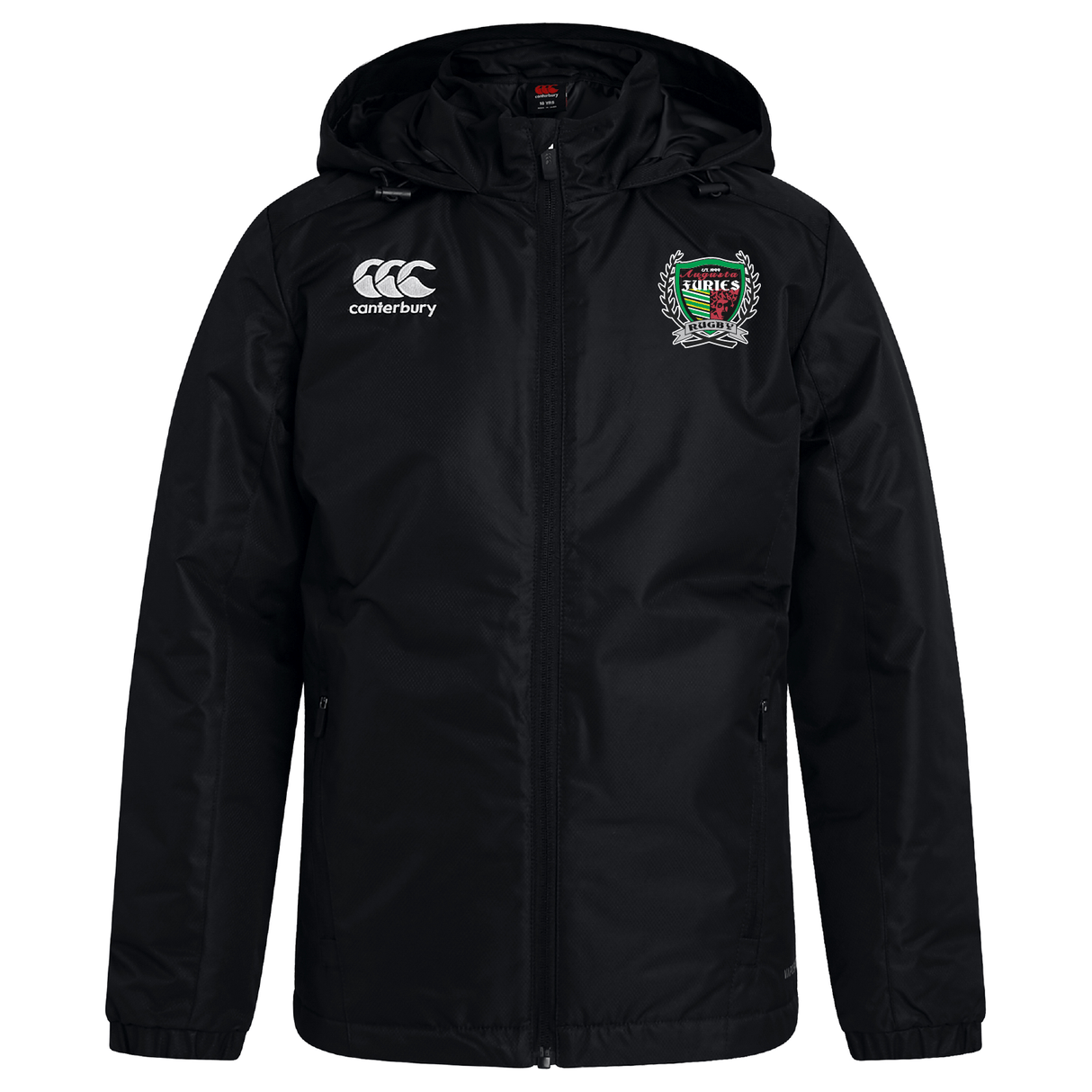 Black Augusta Furies Club Vaposhield Full Zip Rain Jacket by EMB Canterbury with water-resistant technology and a hood, featuring embroidered logos on the chest, displayed against a white background.