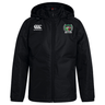 Black Augusta Furies Club Vaposhield Full Zip Rain Jacket by EMB Canterbury with water-resistant technology and a hood, featuring embroidered logos on the chest, displayed against a white background.
