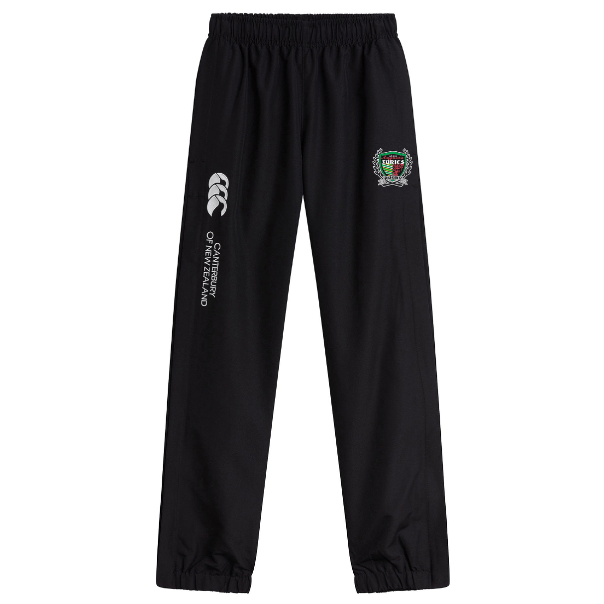 Black jogger pants with cuffed hem, featuring a "Canterbury Augusta Furies" logo on the left thigh and a white hand graphic along the left side.