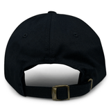A black Birmingham Rugby Text Logo Dad Cap by EMB S&S Activewear, shown from the back and featuring an adjustable strap with a brass buckle—perfect for any Birmingham Rugby supporter.